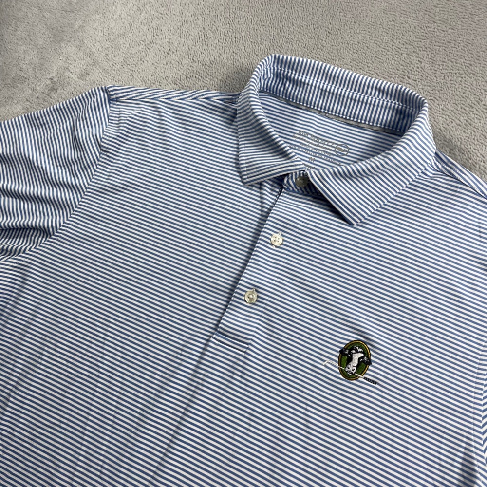 Jim Nantz Vineyard Vines Mens Blue White Striped Golf Polo Shirt Size M Cow Logo